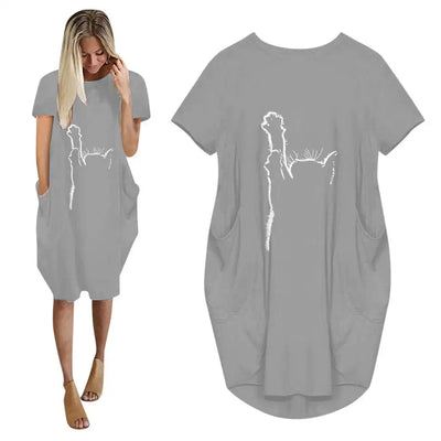 New Dress Ladies Casual Oversized Cat Print Pullover Large Size Loose Pocket Dress A Variety Of Colors Available
