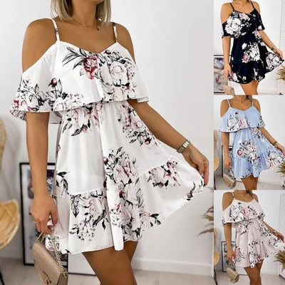 Women Printing Ruffle Dresses Ladies Summer Sling Loose Large Size Evening Mini Dress Female Oversize Black Beach Dress Vestidos