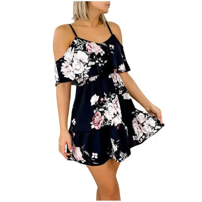 Women Printing Ruffle Dresses Ladies Summer Sling Loose Large Size Evening Mini Dress Female Oversize Black Beach Dress Vestidos