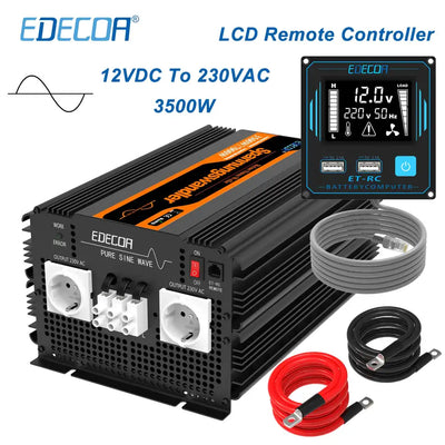 EDECOA 3500W DC 12V to AC 220V 230V pure sine wave power inverter with LCD remote controller USB for caravan campervan motorhome