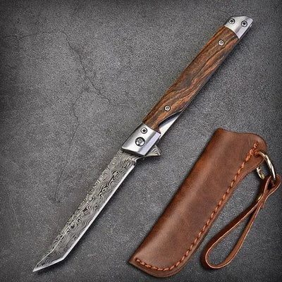 M390 Steel Folding Knife with Holster Wooden Handle Damascus Pattern High Hardness Outdoor Hunting Knife  Camping Survival Tools