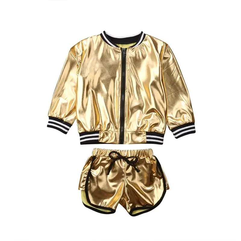 New 2 Pieces Toddler Girls Golden Long Sleeves Jacket and Shorts Outfits Clothes Set Childrens Age 1-6Y Active